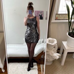 GREY SILVER RECTANGLE SEQUIN SLEEVELESS SLIP DRESS EXPOSED BACK LINED